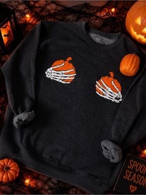 Black Halloween Sweatshirt with Pumpkin Skeleton Design